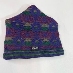 VTG Smiley Hat One Size Wool Knit Ski Purple Green Aztec Made in USA